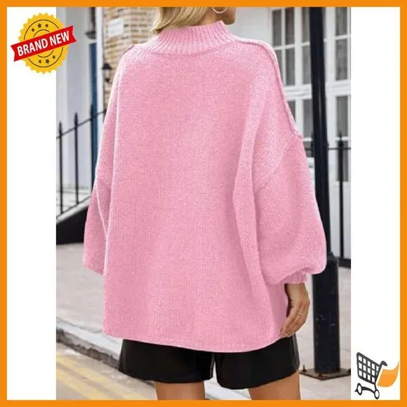 Oversized Mock Neck Batwing Sweater Ribbed Knit Tunic Pullover - Picture 6 of 8